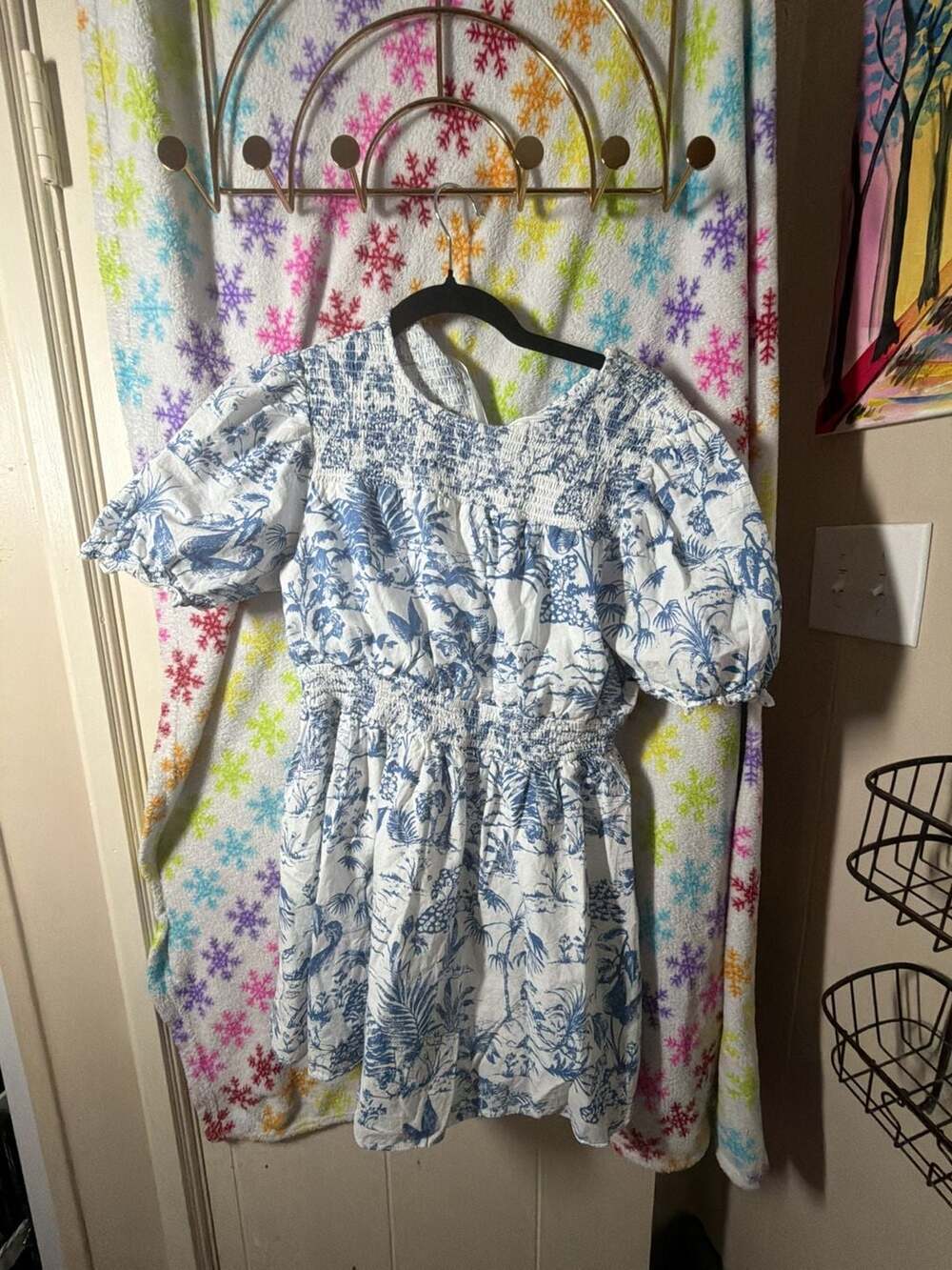 Vestique Blue and White Toile Print Smocked Puff Sleeve Mini Dress